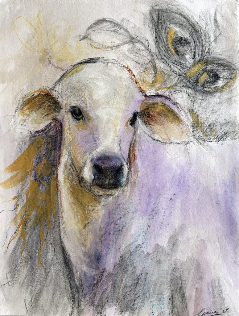 Mixed media drawing of a cow